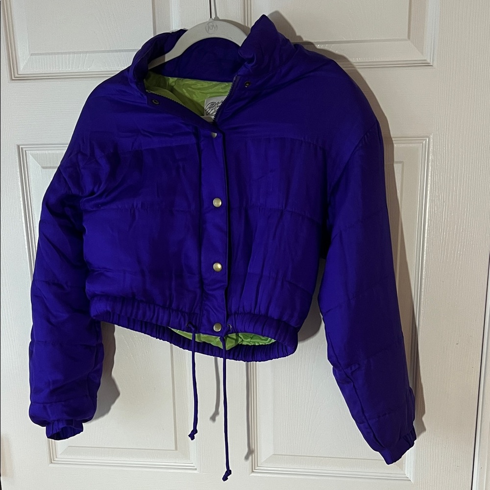 Vintage Womens Brass Plum 100% SILK Royal Purple Puffer Jacket Lime Lining, Sz P